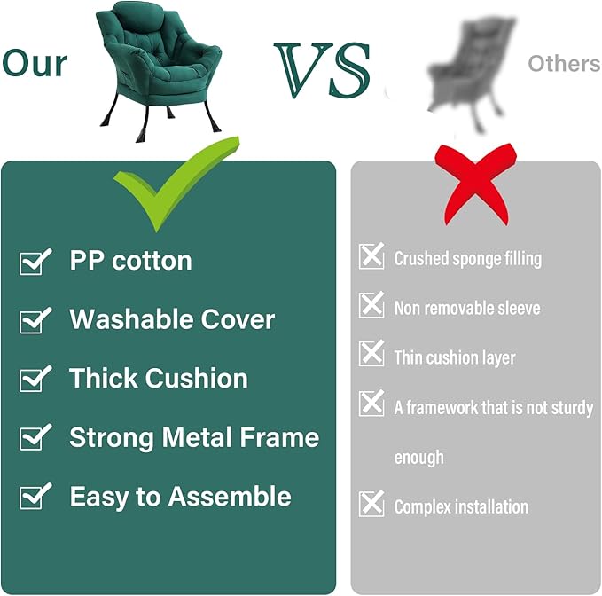 Furlide Lazy Chair for Living Room, Modern Accent Chairs with Armrests, Dark Green Armchairs with Side Pocket, Cozy Lazy Sofa for Reading, Balcony, Bedroom, Dorm, Small Spaces
