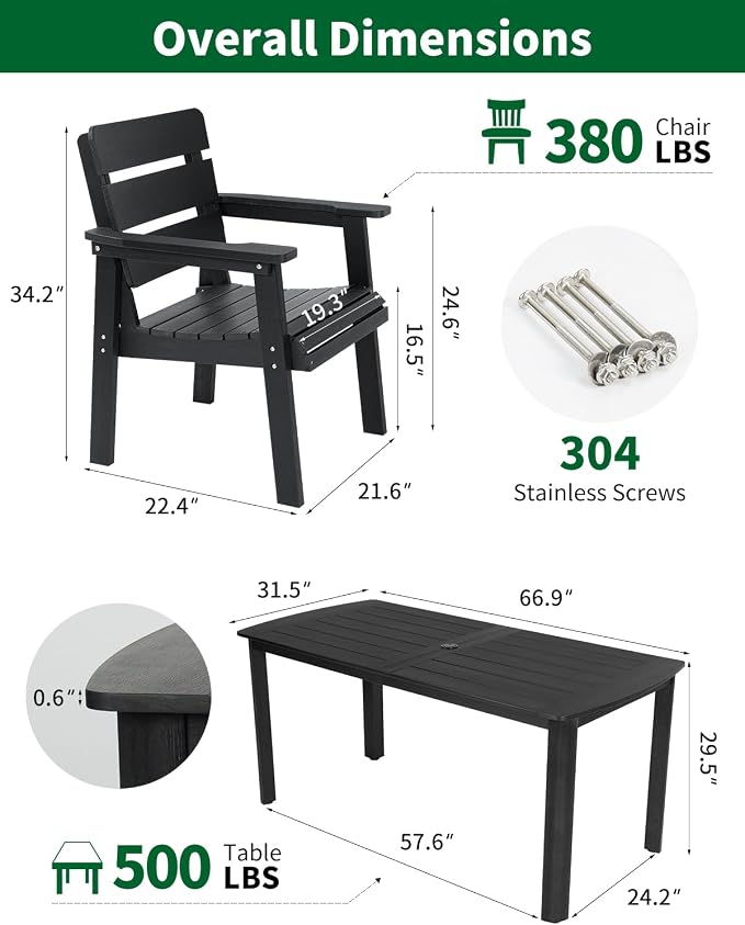 5-Piece Outdoor Dining Set, All-Weather HIPS Patio Table & Chairs for 4, Outdoor Furniture with Umbrella Hole, Ideal for Garden, Poolside, Backyard, Deck, Black - Image 2
