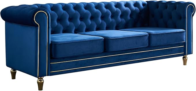KEIKI 85" Chesterfield Velvet Tufted Button Sofa with Deep Seat Cushions and Rolled Arms, Modern Style 3-Seater Couch Decorated with Gold Strip, Easy Assembly, for Living Room, Bedroom, Office, Blue