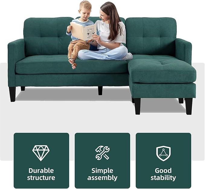 L Shaped Sectional Sofa with Movable Ottoman, Lounge Sectional Sleeper Sofa Couch for Apartment & Small Space, Small Couch for Living Room, Green
