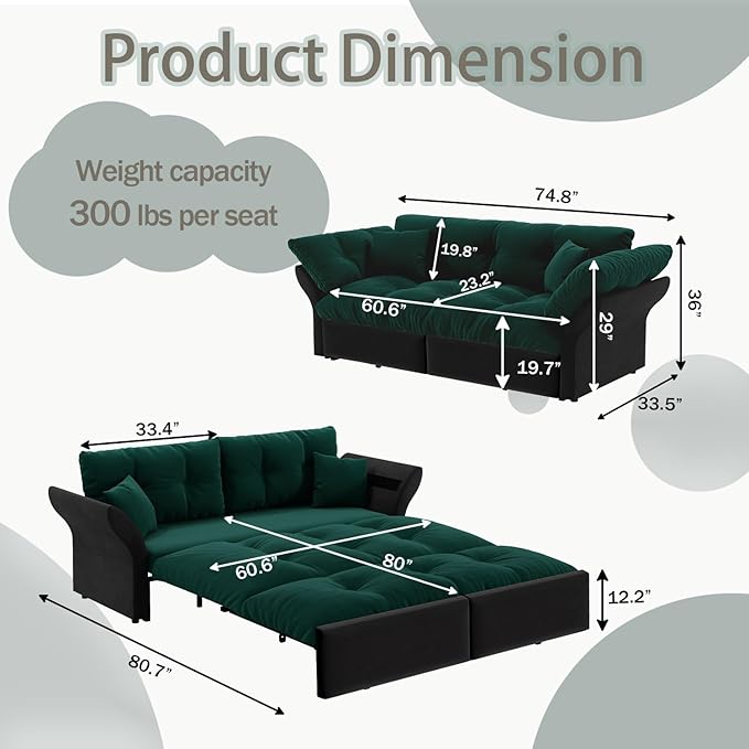 74.8" Queen Size Pull Out Sofa Bed, 3-in-1 Convertible Sleeper with 2 Pillows, Tufted Velvet Loveseat for Living Room, Apartment, Bedroom Small Spaces, Green | 3-in-1 Convertible, Pull Out Sofa Bed, Velvet Sofa Bed