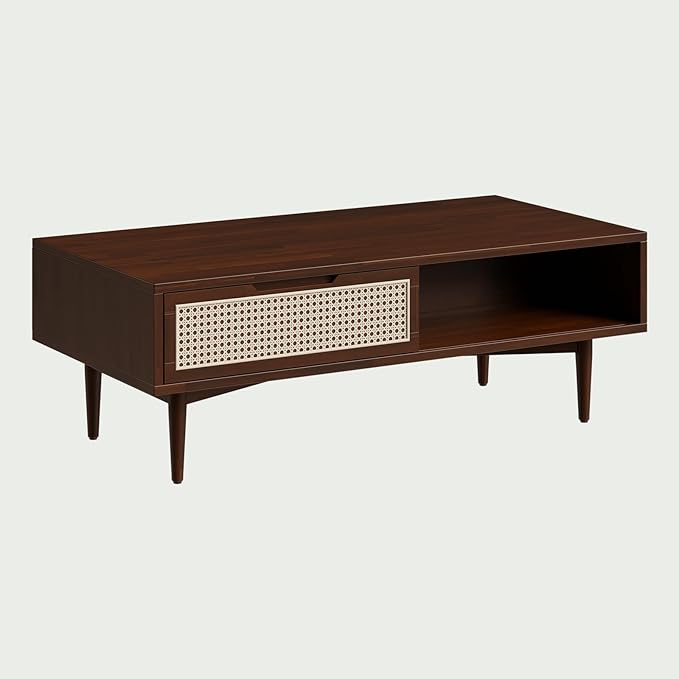 Bme Oliver Mid Century Coffee Table with Drawers and Open Storage – Solid Wood Accent Table with Rattan Detail and Adjustable Legs – Walnut