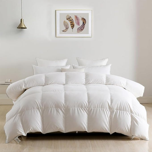 DWR Heavyweight Down Feather Fibers Comforter Twin, Ultra-Soft Cotton Blend Fabric, High Fill-Power 42oz Thick Hotel Style Winter Warm Duvet Insert for Cold Weather/Sleeper (68x90, White)