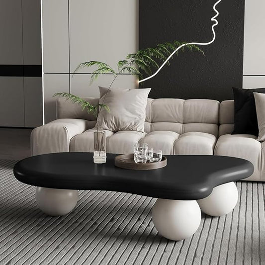 47" Irregular Coffee Table Cloud Coffee Table for Living Room Modern Low Coffee Tables Cute Small Center Table with 3 Ball Legs for Small Space Apartment Black & White