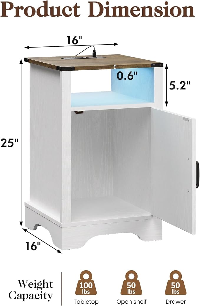 RoyalCraft 25" Tall LED Nightstand Set of 2, Farmhouse Nightstand with Charging Station, Large End Table with Storage, Wooden Rustic Bedside Table for Bedroom, Home Office, White and Rustic Oak - Image 2