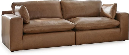 Signature Design by Ashley Emilia Modern Leather Match 2-Piece Sectional Loveseat with Loose Back Cushions and 2 Bolster Pillows, Light Brown