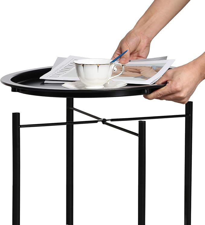VECELO Side/End Table, Folding Round Metal Anti-Rust and Waterproof Outdoor or Indoor Tray for Living Room Bedroom Balcony and Office, 1 PCS, Black - Image 8