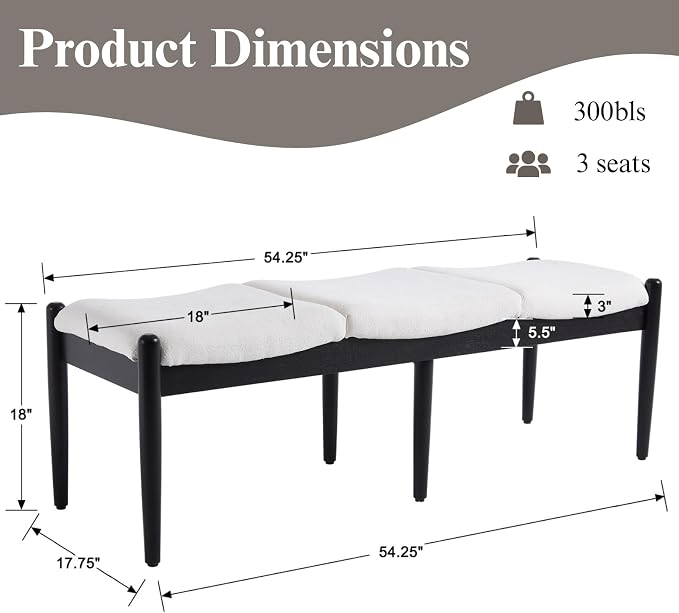 DUOMAY 55'' Modern Ottoman Bench, Chenille Upholstered Entryway Bench Bedroom Bench with Wood Legs, End of Bed Bench for Bedroom, Living Room, Corners, Kitchen, White - Image 2