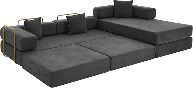 Eafurn L Shaped Convertible Sleeper Sofa Bed King Size Sleeper Sofabed, 7-in-1 DIY Combination Corduroy Folding Mattress Couch with Fixed-Shape Frame, Boneless Floor Sofa Couch