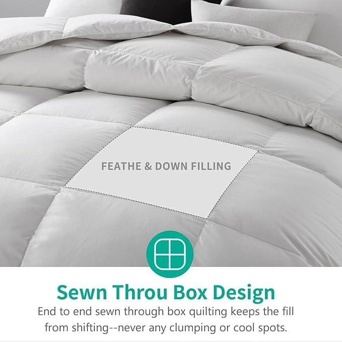 APSMILE Heavyweight Feather Down Comforter Oversized King Size - 100% Organic Cotton Quilted Thicker Winter Warmest Duvet Insert for Colder Weather/Sleepers (120x98, Ivory White)