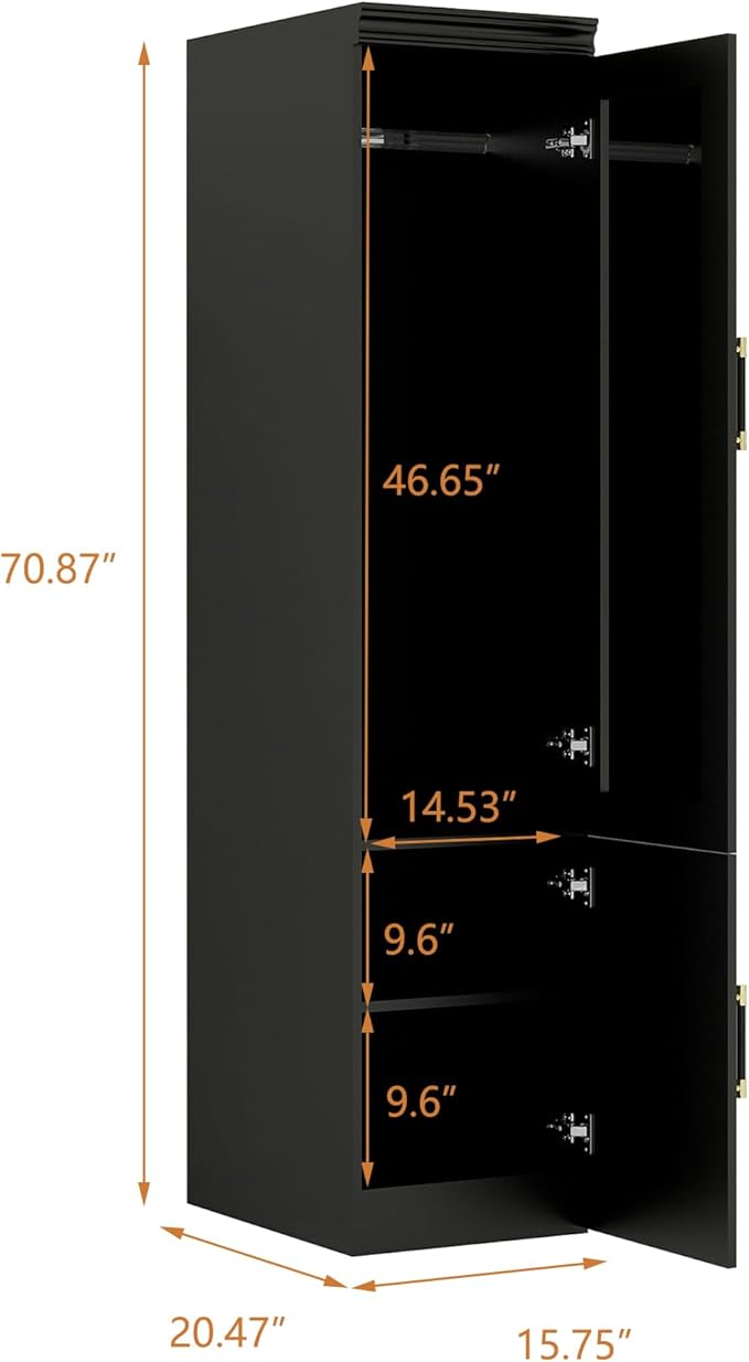 Wooden Armoire Wardrobe Closet：Modern Armoire Wardrobe Closet with Single Door and Hanging Rod, Large Capacity Clothes Storage Cabinet with Mirror for Bedroom Home, Black