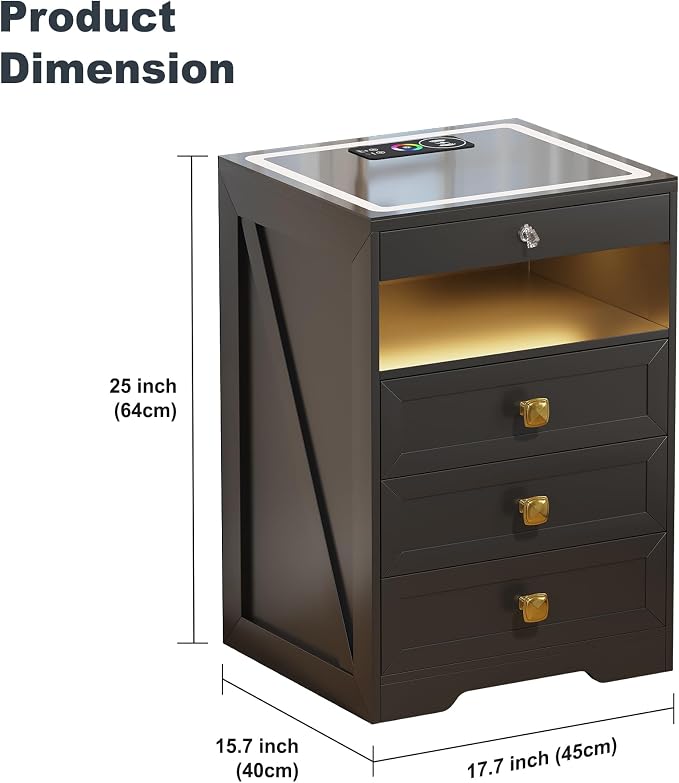 Lvifur 2 Set LED Nightstand with 3 Drawers, Glass Top Bedside Table with Wireless Charging Station, Modern Night Stand with Auto Sensor, Bedroom Smart End Table (Blackx2) - Image 2