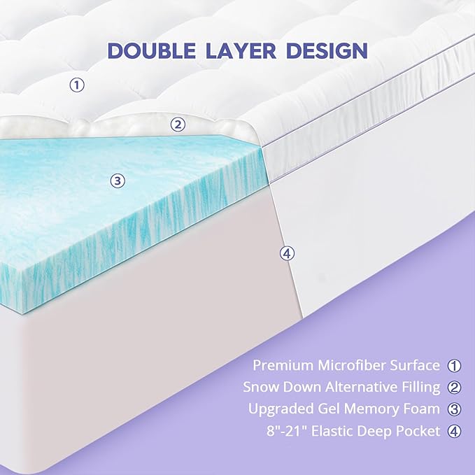 ABENE 3 Inch Memory Foam Mattress Topper, 2 Inch Memory Foam Plus 1 Inch Down Alternative Pillowtop Mattress Pad, with Bedside Pocket, Support for Back Pain - Twin, White Dual Layer