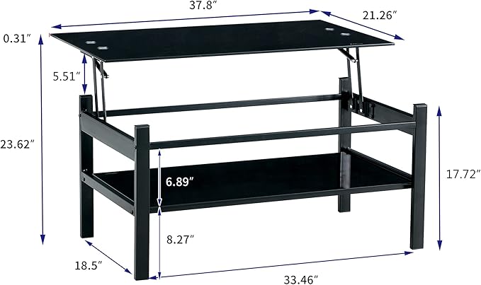 IANIYA Lift Top Coffee Table, Black Tempered Glass Coffee Tables with Storage Space and Open Shelves, Small Rectangle Lift Tabletop Living Room Center Table for Home Office
