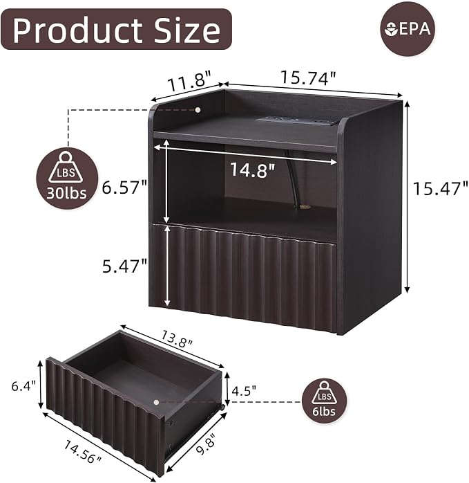 BuildHom Modern Fluted Floating Nightstand Wall Mounted Set of 2- Bedside Table with Storage Drawer & Display Shelf, Minimalist Bedroom Furniture for Studio Apartments(Espresso) - Image 2