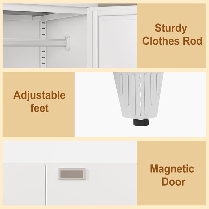 Metal Armoire Wardrobe Closet Storage Cabinet with Mirror White, 71'' Wardrobe Cabinet with Hanging Rod Metal Closet with 2 Adjustable Shelves for Bedroom, Laundry Room, Cloak Room