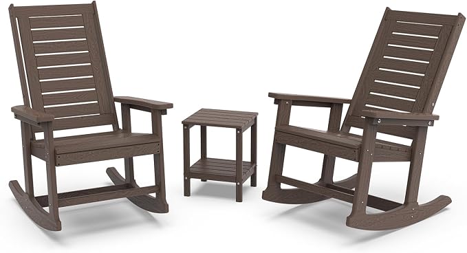 GREENVINES Outdoor Rocking Chair Set | 3-Piece | Dark Brown Wood Grain | 2 Rocking Chairs with 1 Side Table | Porch Rocker | HDPE Plastic | Patio Furniture Sets by GreenVines