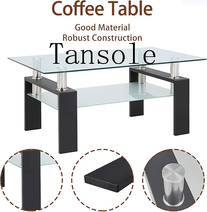 39.4'' Rectangle Glass Coffee Table, Black Coffee Table with Tempered Glass & Metal Legs, 2-Tier Modern Center Table with Storage Shelf, Clear Glass Coffee Tables for Living Room, Apartment, Office