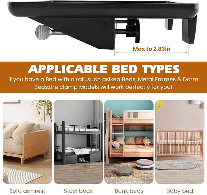 Bedside Shelf for Dorm Bunk Bed, Clip Nightstand Shelf Floating Bed Side Table Tray Organizer, College Dorm Room Essentials Home Loft Bedroom Apartment Back to School Supplies(Color:Black) - Image 3