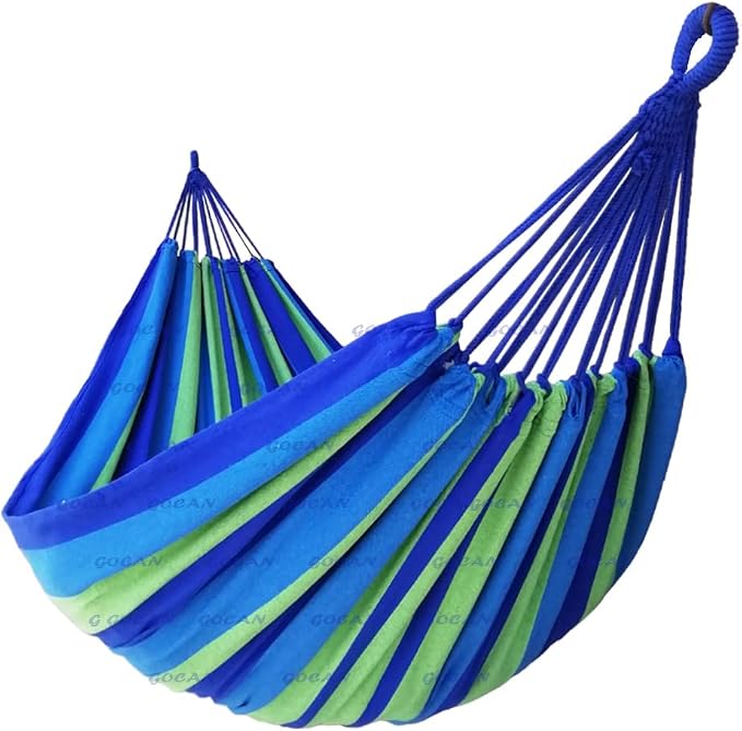 GOCAN Brazilian Double Hammock 2 Person Extra Large Canvas 250x160cm Total Length 350cm Load 500lb Cotton Hammock for Garden Outdoor and Indoor Blue/Green(98 * 65'') by GOCAN