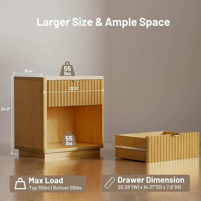 Night Stand, Nightstand with Drawers Bedside Table End Table, Modern Fluted Nightstand Bed Side Table for Bedroom Living Room (Natural) - Image 2