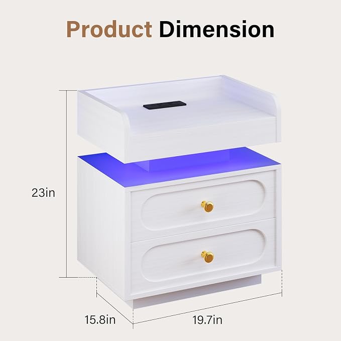4ever2buy White Nightstand with Adjustable LED Lights and Charging Station Modern Bedside Table with 2 Drawers End Table for Bedroom - Image 2