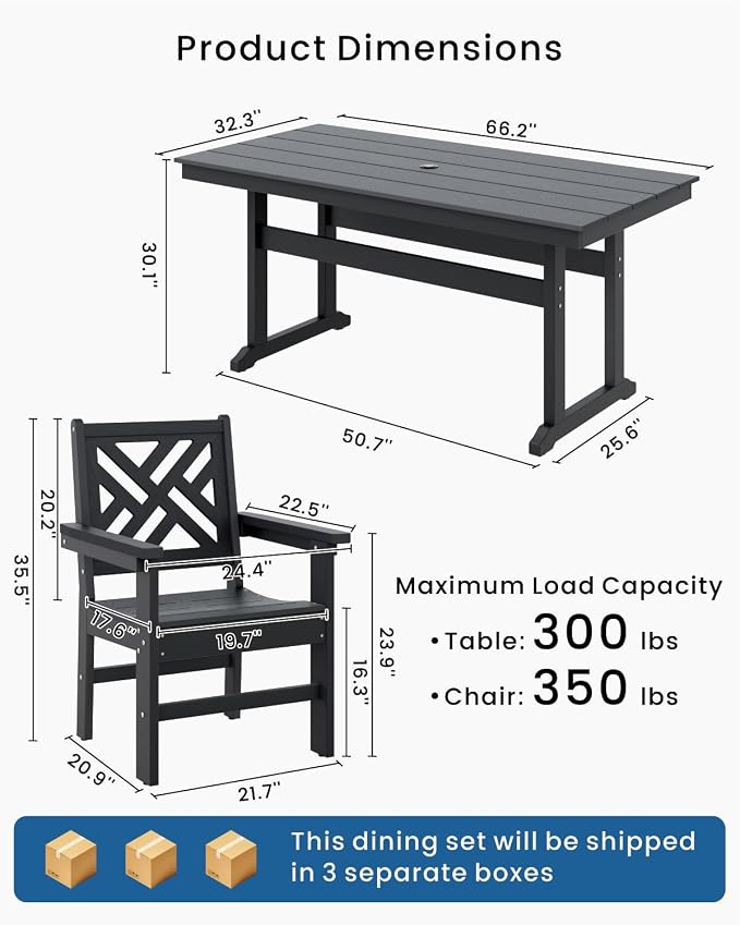 5-Piece Outdoor Dining Set, HDPE All-Weather Patio Table and Chairs Set for 4, Outdoor Patio Furniture Sets with Umbrella Hole for Outside, Deck, Backyard, Garden (Black) - Image 2