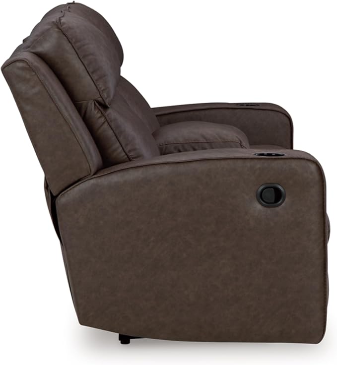 Signature Design by Ashley Lavenhorne Modern Faux Leather Manual Reclining Loveseat with Console and Cup Holders, Dark Brown