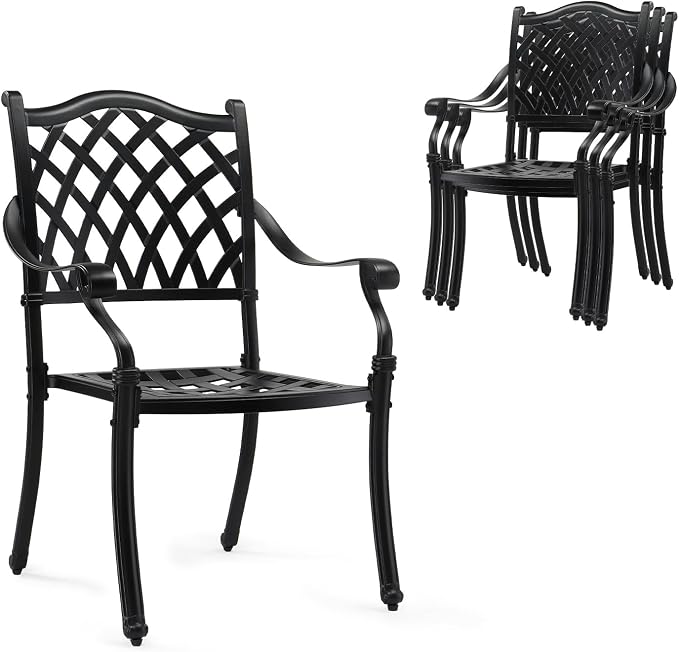 VINGLI Patio Chairs Set of 4 - Stackable Outdoor Cast Aluminum Dining Chairs with Vintage Black Finish and Diamond Pattern, Metal Armchairs for Poolside, Backyard, Balcony (No Cushion) by VINGLI