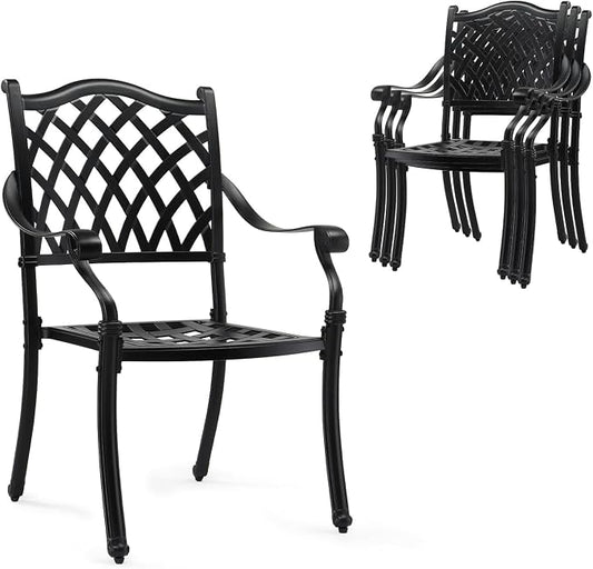 VINGLI Patio Chairs Set of 4 - Stackable Outdoor Cast Aluminum Dining Chairs with Vintage Black Finish and Diamond Pattern, Metal Armchairs for Poolside, Backyard, Balcony (No Cushion) by VINGLI