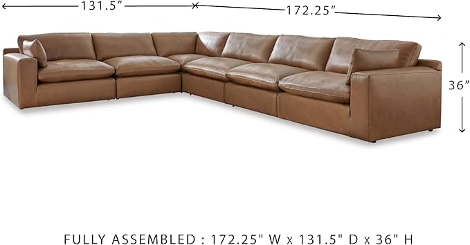 Signature Design by Ashley Emilia Modern L-Shaped Leather Match Modular Anti Sag 6-Piece Sectional with Loose Back Cushions and 2 Bolster Pillows, Orange