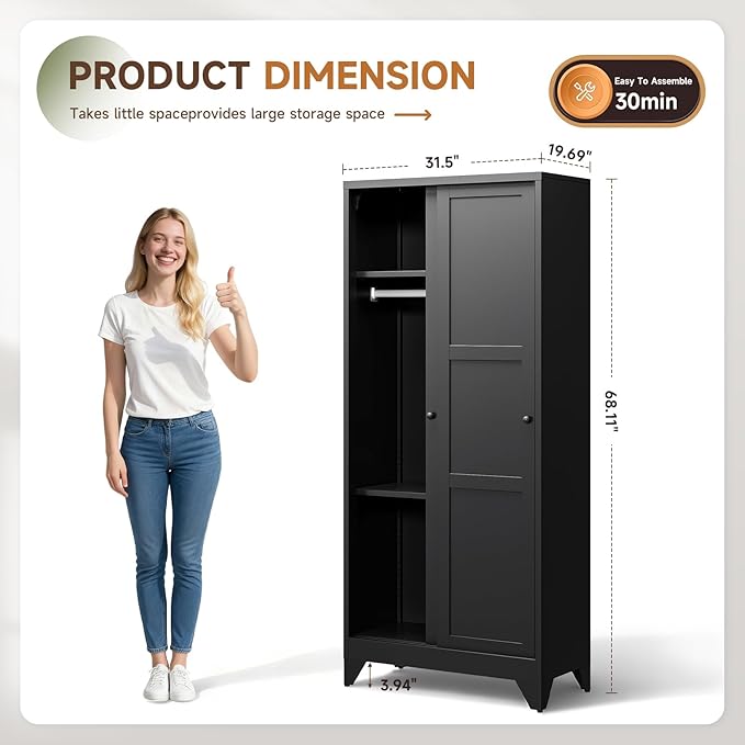Letaya Armoire Wardrobe Closet,20" Deep Armoire Wardrobe Cabinets with Sliding Doors and Shelves,Narrow Slim Coat Closet Cabinet with Hanging Rod for Home(Black)