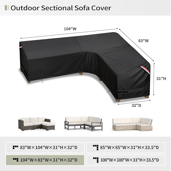KylinLucky L-Shaped Patio Sectional Sofa Cover 104"x83", Heavy Duty Waterproof Outdoor Couch Cover, All-Weather Protection for Large Sectional with Chaise, Black - Image 2