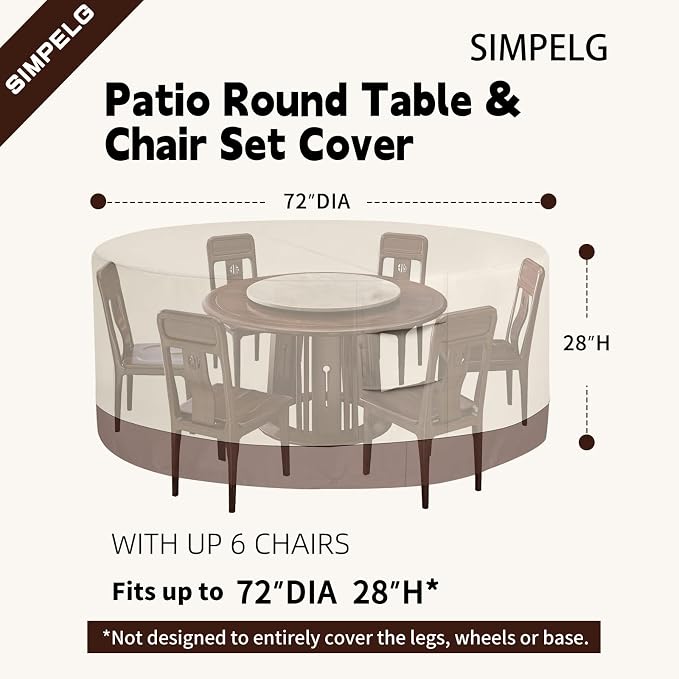 Round Patio Furniture Covers Waterproof Outdoor Covers For Patio Furniture 600D Heavy Duty Oxford Uv Resistant Anti-Fading 72"DIA X 28"H Table Cover (Beige & Brown) - Image 2