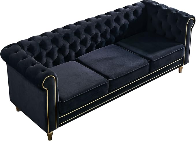 KEIKI 85" Chesterfield Velvet Tufted Button Sofa with Deep Seat Cushions and Rolled Arms, Modern Style 3-Seater Couch Decorated with Gold Strip, Easy Assembly, for Living Room, Bedroom, Office, Black
