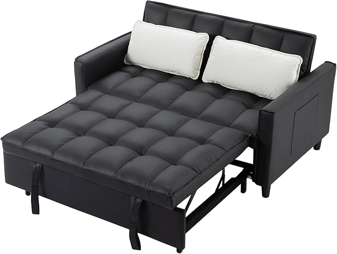 3 in 1 Convertible Sofa Bed, Love Seat Sleeper Bed with Side Pockets, PU Fabric Pull Out Couch with Adjustable Backrest for Living Room, Bedroom, Apartment, Black
