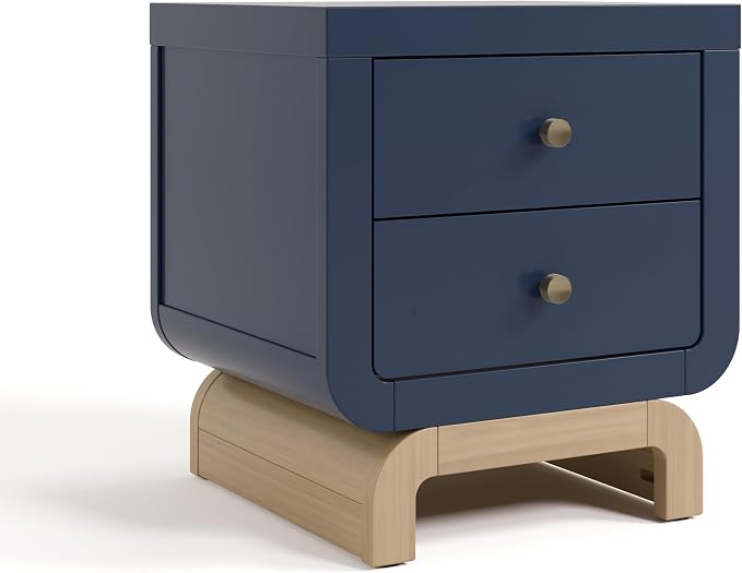 Storkcraft Santorini 2 Drawer Nightstand (Midnight Blue & Driftwood) - GREENGUARD Gold Certified Nightstand for Kids Bedroom, Premium Wood with Curved Base, “Champagne” Metal Knobs by Storkcraft