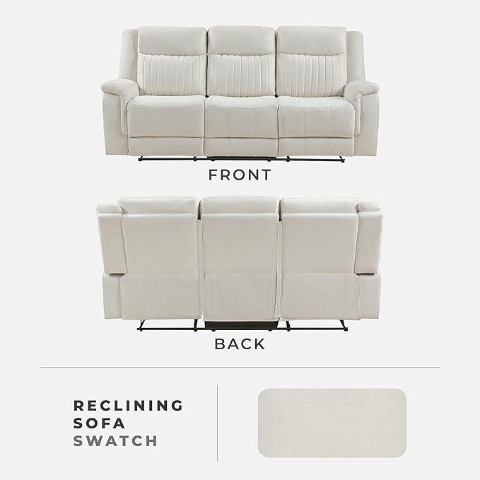 Lexicon Manual Double Reclining Sofa, Polished Microfiber Upholstered 3 Seater Manual Sofa Recliner for Living Room, Wall Hugger, Easy Assembly, Beige