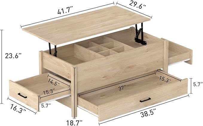 Bonzy Home Lift Top Coffee Table, Wooden Center Table with 3 Drawers and Hidden Compartments, Rectangle Coffee Table for Living Room, Natural Oak