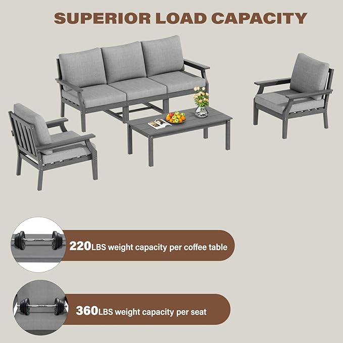 HDPE Patio Conversation Set, 6-Piece All Weather Outdoor Furniture Set with 2 Single Armchairs for Deck, Lawn, with Cushion, Gray