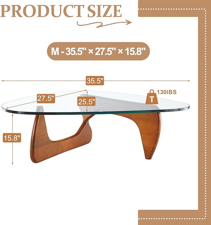 Glass Coffee Table for Living Room, Triangle Coffee Table with Tempered Glass Top & Wood Legs, Mid Century Coffee Tables, Brown Walnut Center Tables for Bedroom Reception Office