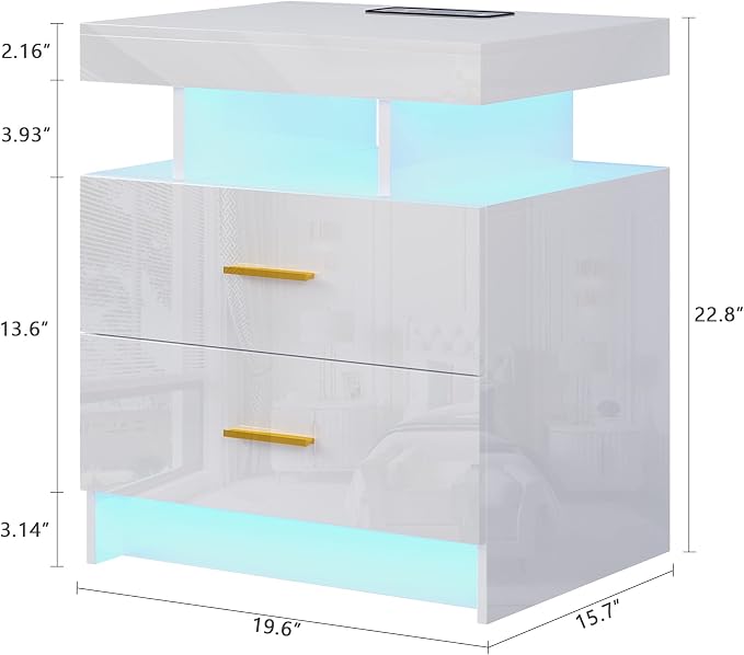 HNEBC Auto LED Nightstands Set of 2,Modern Bedside Table with USB Ports & Wireless Charging Station,High Gloss Bedside Tables with 2 Drawers,Nightstands for Bedrooms/Living Room (White) - Image 3