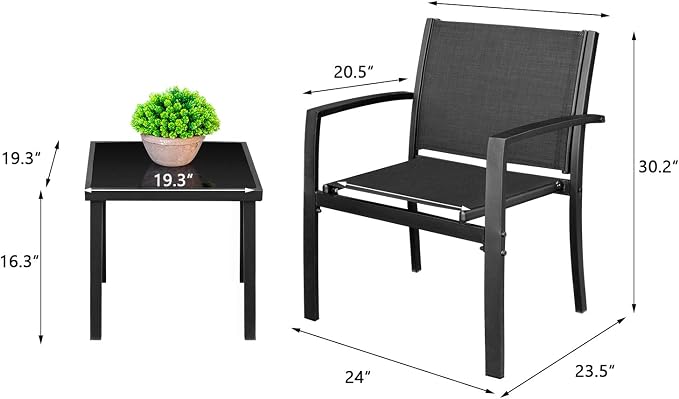 Homall 3 Pieces Patio Furniture Set Outdoor Patio Conversation Textilene Bistro Set Modern Porch Lawn Chairs with Coffee Table for Home and Balcony (Black) - Image 7