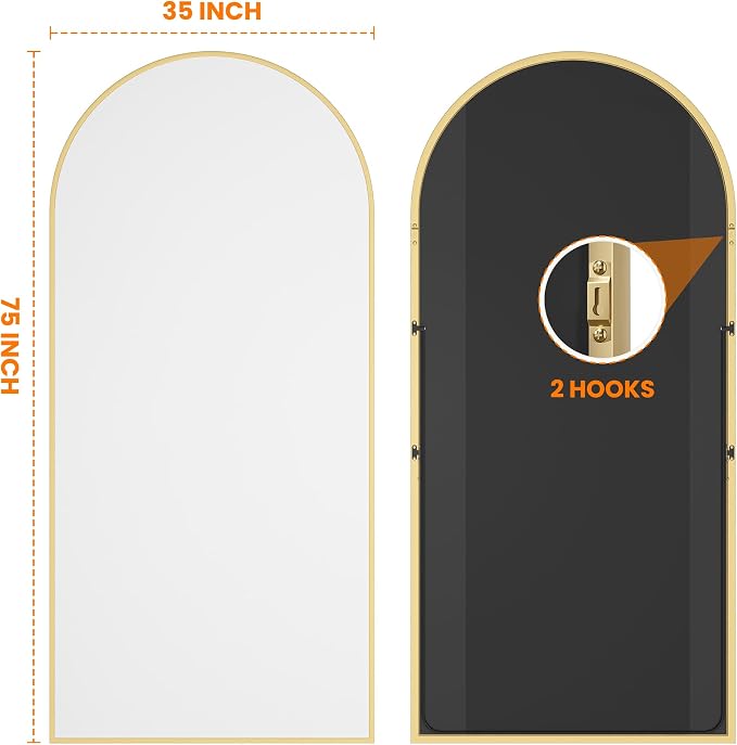TRAHOME Full Length Arched Mirror, 75"x35" Standing Floor Full Body Mirror for Wall with Aluminum Alloy Frame for Bedroom, Living Room, Dressing Room(Gold) - Image 7