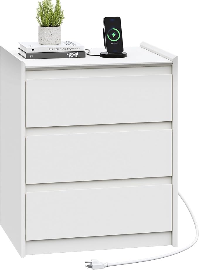 24" Tall Nightstand with Charging Station Including USB-C, Modern Bedside Table and Sofa End Table - White, 3 Drawers, 1-Pack by FurniXpress