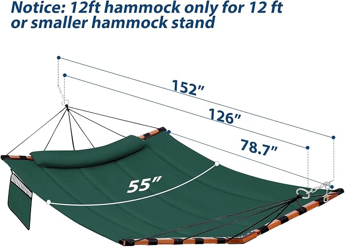 12FT 2 Person Hammock TegerDeger Large Hammock 450LB Capacity with V Shaped Hardwood Spreader Bar & Nylon Rope for Outside, Patio, Garden, Backyard, Beach, Poolside - Dark Green - Image 6