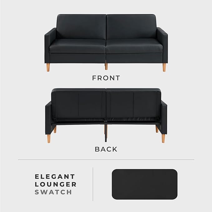 Lexicon 79"W Convertible Futon Sofa Bed, Loveseat, Faux Leather Upholstered Couch Sleeper, Adjustable Backrests, Padded Pocket Coil, Solid Wood Legs for Living Room, Bedroom, Apartment, Office, Black