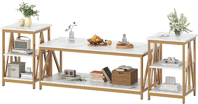 Bigbiglife Living Room Coffee Table Set of 3, Industrial X-Design Coffee Table and 2 End Side Tables, 3 Piece Living Room Table Set with Large Storage for Apartment Home (Marble White)