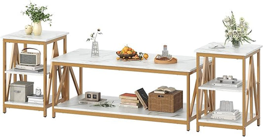 Bigbiglife Living Room Coffee Table Set of 3, Industrial X-Design Coffee Table and 2 End Side Tables, 3 Piece Living Room Table Set with Large Storage for Apartment Home (Marble White)