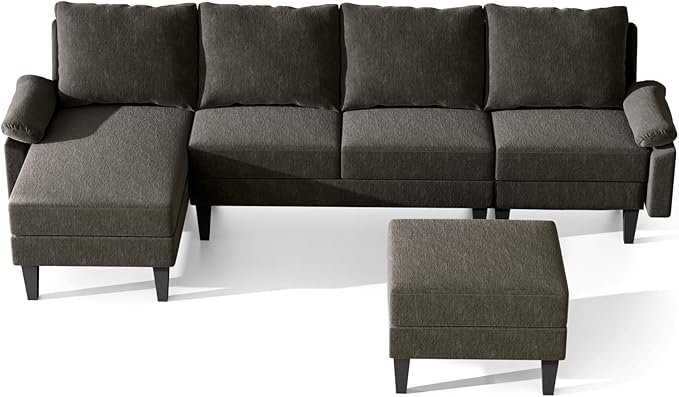 Sectional Couches for Living Room Furniture Sets, 4 Seat U Shaped Sectional Couch with Storage, Adjustable Sofa with Armrests and Ottoman for Apartment, Dark Brown